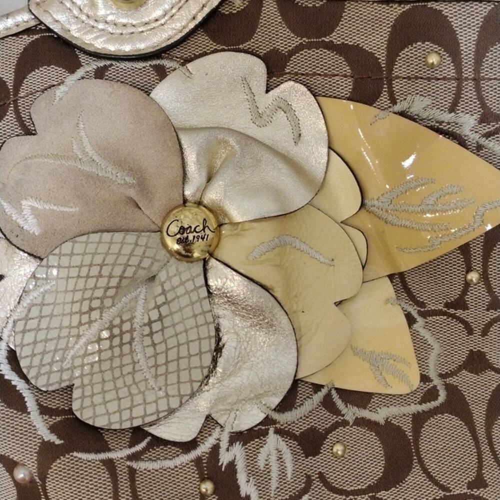 COACH Monogram Canvas Shoulder Bag Purse Large 16x9 GOLD Leather Flowers Handles - Picture 7 of 16